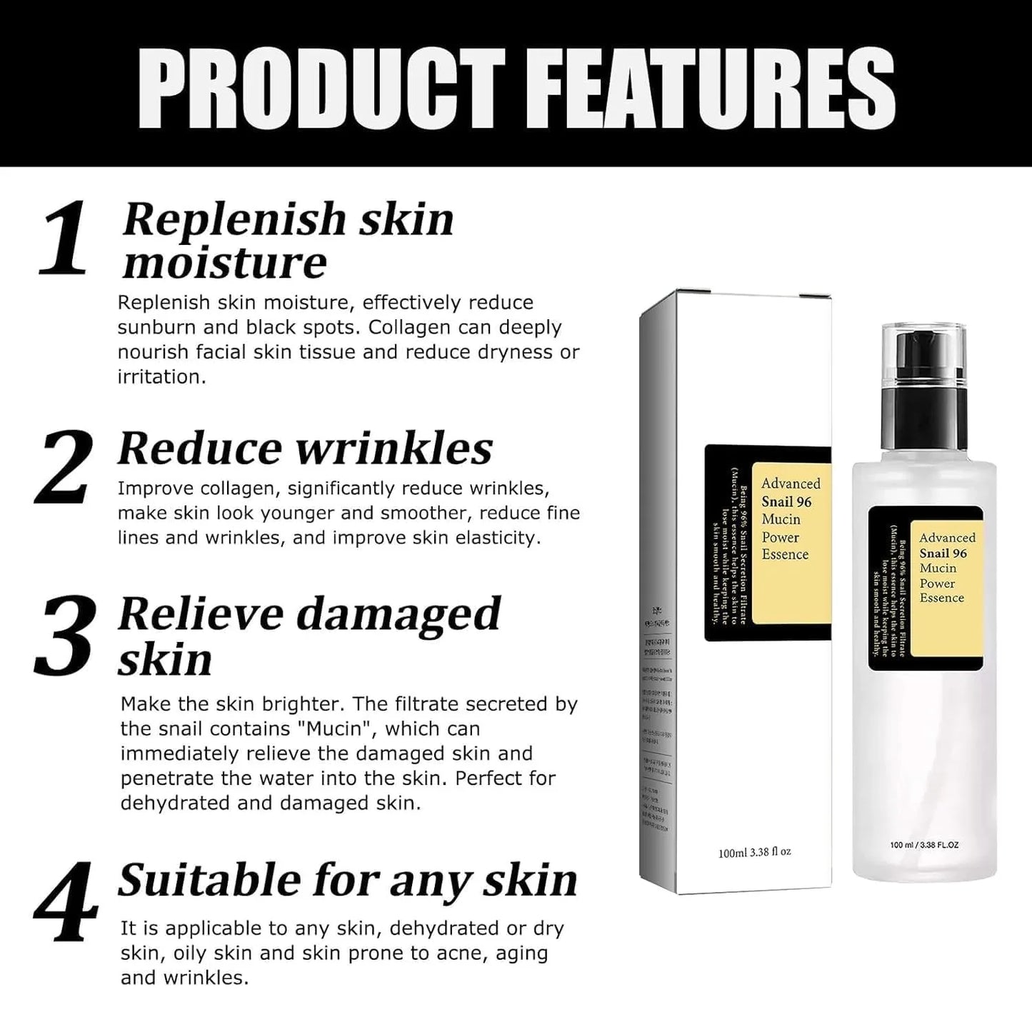 Snail Mucin Peptide Essence, Hyaluronsyraserum för hudreparation, Lättar på rynkor och mörka fläckar, Återfuktande och hydratiserande ansiktskräm.